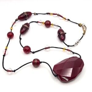 Red Chunky Glass Pendant Bicone and Art Glass Beaded Black Cord Necklace
